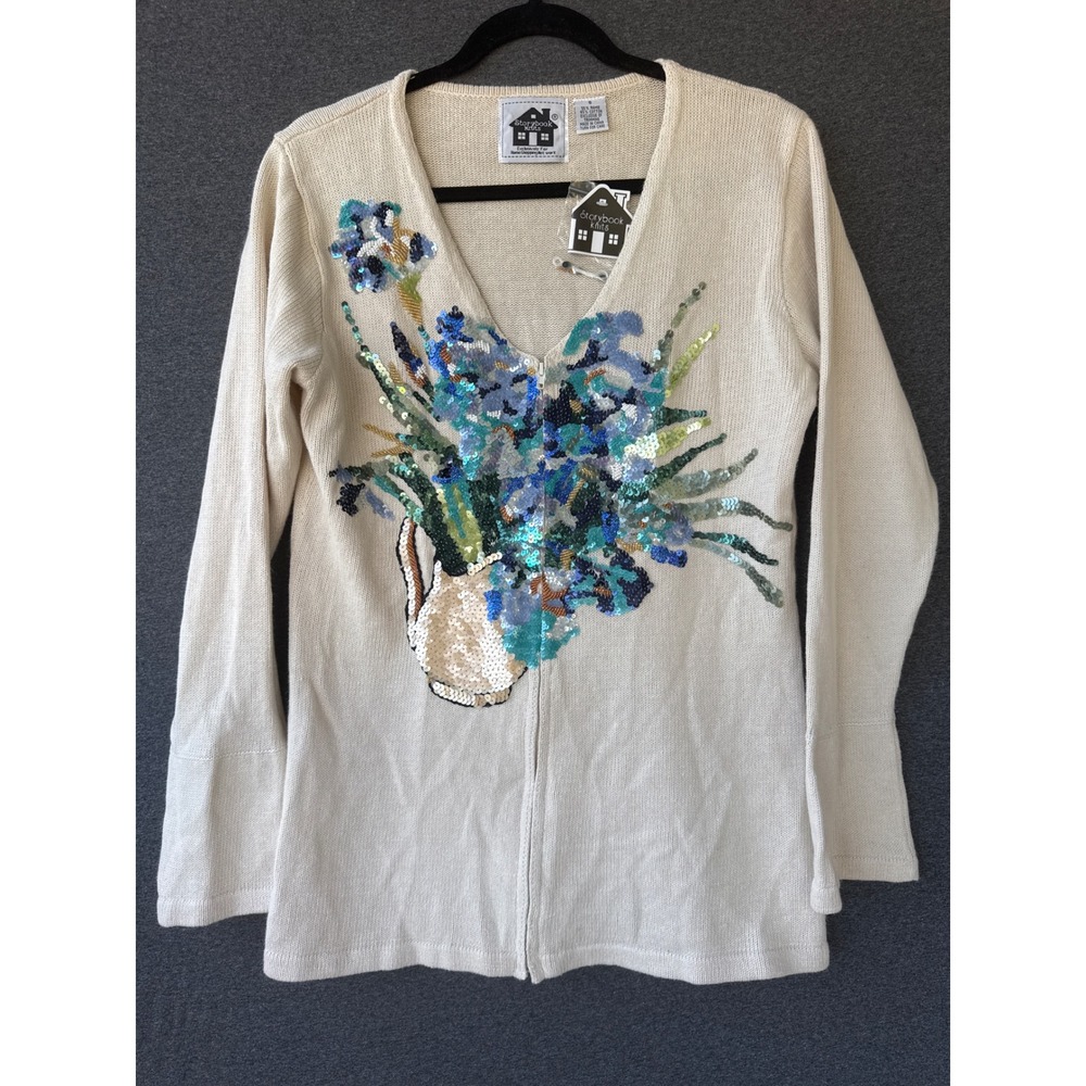 Storybook Knits Floral Sequin Beaded Zip Front Cardigan Sweater Cream Small NWT
